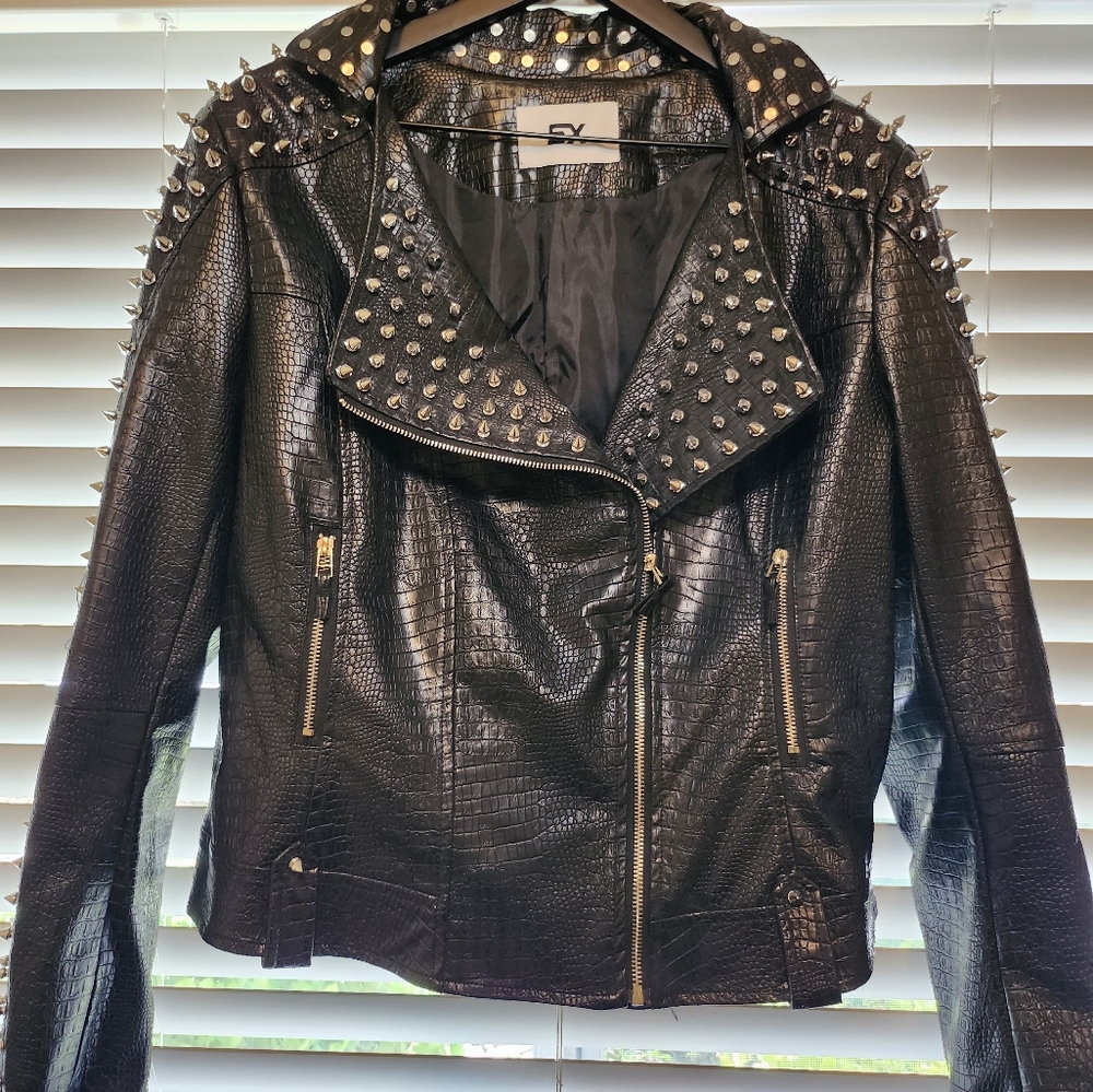 SX Faux Snakeskin Studded Leather Jacket